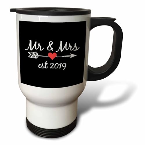 Image of 14oz Stainless Steel Travel Mug - Mr and Mrs Est 2019 White lettering and arrow with red heart on black. Stamp City - typography
