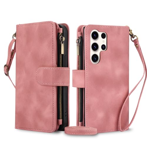 Étui portefeuille en cuir or rose pour Samsung Galaxy S25 Edge avec fermeture éclair