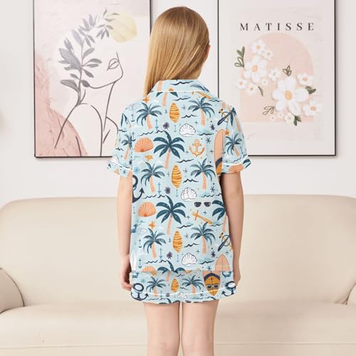 ALAZA Surfboard Palm Tree Anchor Seashell Pajamas Satin Pajama Set Short Sleeve Button Down Sleepwear4