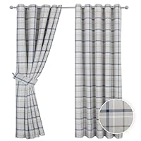 The Mill Shop Hudson Woven Check Eyelet Curtains (1 Pair). Measures 90 x 90 (229 x 229cm). Washable, Lined Curtains for Living Room, Bedroom or Kitchen