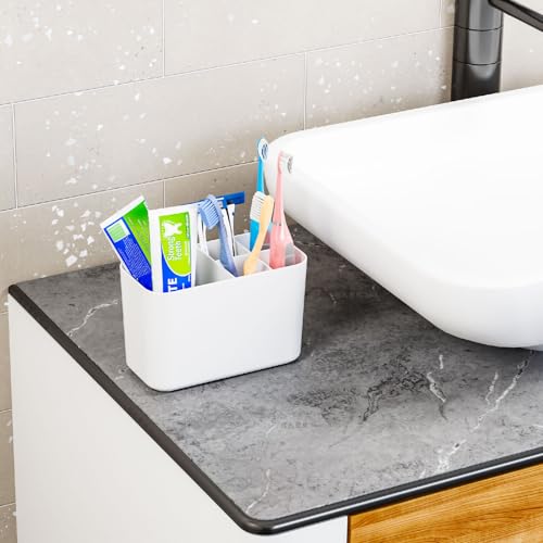 Toothpaste and Toothbrush Holder for Bathroom - Wall Mounted and Countertop Usage,Cute Kids Electric Tooth Brush Holder & Cup, 5 Slots Family Size Toothbrush Organizer & Stand for Rv,Farmhouse,White - Thumbnail 7