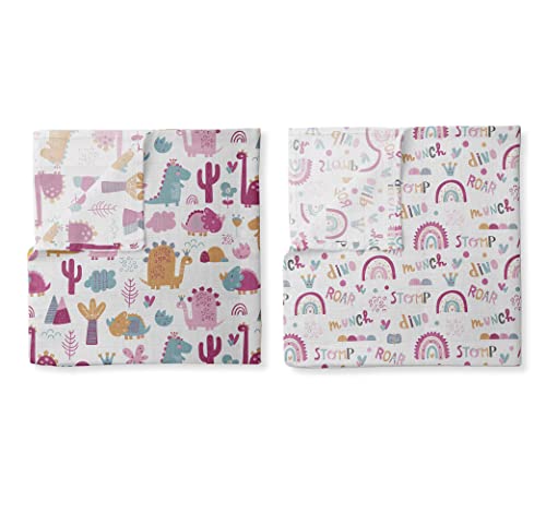 Bacati - Muslin Baby Swaddle Blanket For Girls, Baby Receiving Blanket, Newborn Gift, Baby Shower Item, Wearable Swaddling Set, Large 45 X 45 Inch, 2-Pack (Little Dino Pink/Orange/Aqua) #TOP1