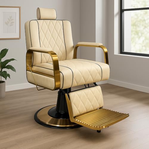 Lakdi | Salon & Parlor Chair | Premium Leatherette | Hydraulic Barber Chair with Reclining Function | Best Design | Metal Base & Chrome | Height Adjustable & Swivel Pump – SBCIMF_019-Beige