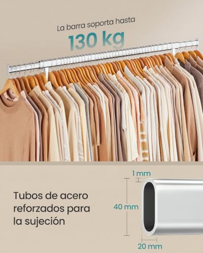 Miniatura 3 de Songmics Burro Ropa Con Ruedas, Perchero Burro Extensible Con Carga Pesada, Capacidad De Carga De 130 Kg, 45 X 110-150 X 162,9 Cm, Fácil De Montar, Portátil, Plata Hsr11s