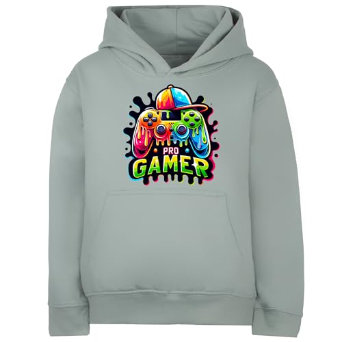 Fringoo Gamer Hoodie for Boys Cotton Rich Soft Hooded Sweatshirt for Boys Gaming Pullover Jumper with Kangaroo Pocket Age 5-13 (UK Age 9 Years 11 Years Regular GREEN - Pro Gamer)