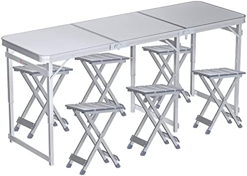 FrenzyBird Folding Picnic Table with 6 Stools, Aluminum Table Chair Set for up to 6 Persons, Portable Lightweight Heights Adjustable for Outdoor Camping, 70Lx24Wx32H Inches