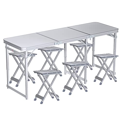 Frenzybird Folding Picnic Table With 6 Stools, Aluminum Table Chair Set For Up To 6 Persons, Portable Lightweight Heights Adjustable For Outdoor Camping, 70Lx24Wx32H Inches #TOP29