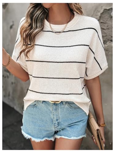 Image of Verdusa Women's Short Sleeve Loose Pullovers Lightweight Striped Knitwear Sweater Top Black and White Large