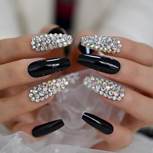 CoolNail Super Long Glossy Solid Black Ballerina Fake Art Nails AB Rhinestones Gems Decor Coffin Salon False Nails Jelly Sticker Tape