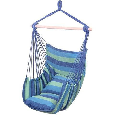 Garden Hammock Chair, Magicorange Sturdy Cotton Weave Hammock Chair Hanging Rope Swing Seat Max 463 Lbs for Indoor Outdoor Bedroom Patio Porch with 2pcs Pillows and Stick (Blue+Green) Cover