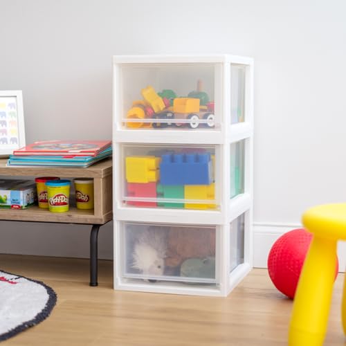 Iris Ohyama, Stapelbare Aufbewahrungsschublade, Schubladenbox aus Kunststoff, 13,7L, 3er-Set, Weiß, Stapelbar, Transparent, für Snacks, Medikamente, Schreibwaren, Bastelbedarf, BPA-frei, MSD-2
