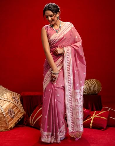 Image of SIRIL Women's Cotton Weaving Tassels Saree With Unstitched Blouse Piece