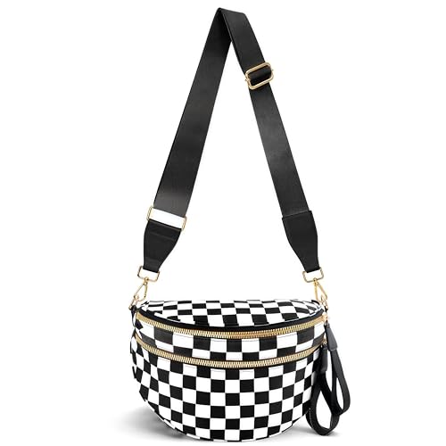 URSKYTOUS Checkered Crossbody Bags for Women Nylon Bum Bags Oversized Trendy Fanny Pack Black White Checkered Diaper Bag Large Capacity Spacious Crossbody Bag Purse with Adjustable Strap