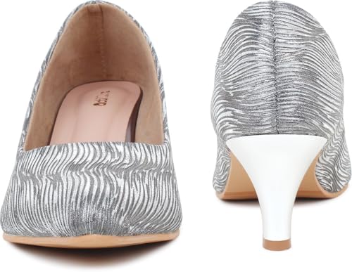 Image of Action Women's Suede Stiletto Pumps| Silver Textured Pattern| Gold Heel| Evening Antique