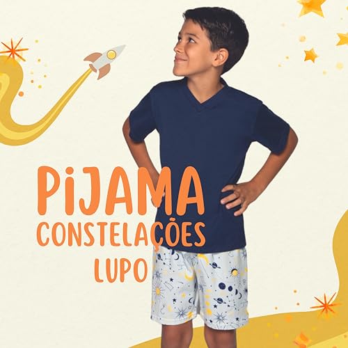 Conjunto Pijama Short e Camiseta Estrela e Galáxia Confortáveis Lupo Meninos, Marinho, 12