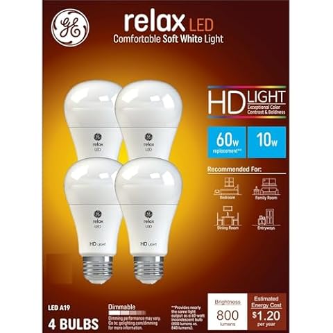 GE Relax LED Light Bulbs, 60 Watt, Soft White, A19 (4 Pack) Cover