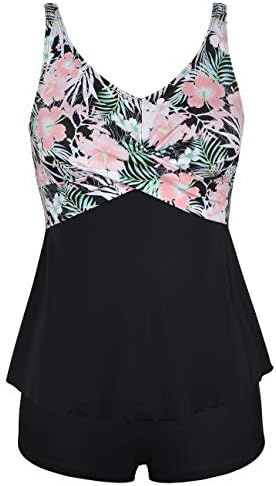 Septangle Women's Floral Print Tankini Set Swimsuit Bathing Suit Beach V-Neck Swimwear,Pink,US 8