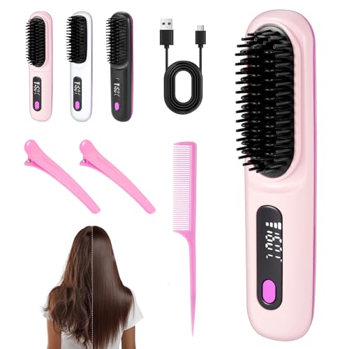 Brosse Lissante sans fil,Mini Portable électrique Anti-BrûLure Brosse Chauffante avec Affichage LCD Rrechargeable, pour Tous Les Types de Cheveux,Quotidien...