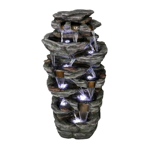 Image of SunJet 47.2 inch High Multi-Tiers Cascading Rock Outdoor Water Fountain with LED Lights - Large Outdoor Resin Fountains and Waterfalls for Garden or Patio, Yard, Deck Decor, Featuring Natural Stone Look