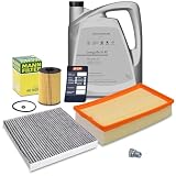 BESTPRICE Inspektionspaket Filterset mit 1x Ölfilter, 1x Luftfilter, 1x Innenraumfilter (Aktivkohle), 1x Ölablassschraube mit Dichtring, 1x Motoröl 0W-30 VW SAEI LongLife 3 FE 5 l, 1x Ölwechselanhänge