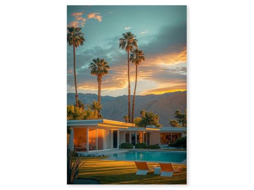 Hexoa Tableau Architecture Maison Moderne de Palm Springs - Made in France - Toile imprimée 80x120