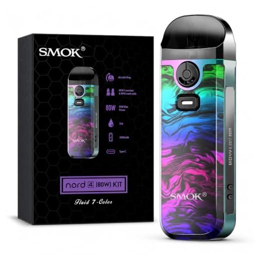 SMOK Nord 4 Vaping Kit, Long Lasting Battery, Portable, Dual Coil Compatibility (RPM 2 & RPM Coils), E Cigarettes, E Cig, Refillable and Rechargeable, SMOK Vaping, No Nicotine (Fluid 7 Color)