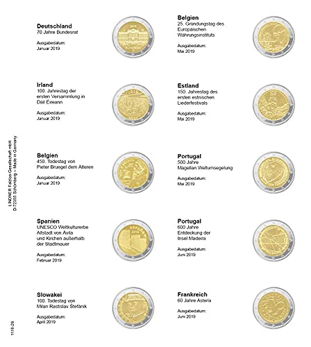 Feuille pré-imprimée Lindner 1118-26 pour pièces de 2 euros commémoratives 2019
