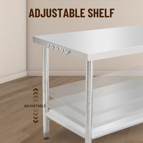 Takywep Heavy Duty Stainless Steel Kitchen Prep Table, 72x30in - Adjustable Undershelf, Hooks, Straight Edge - for Restaurant, Home, Garage, Hotel - No Casters, No Backsplash, 35in Height by Takywep - Used condition - Image 5