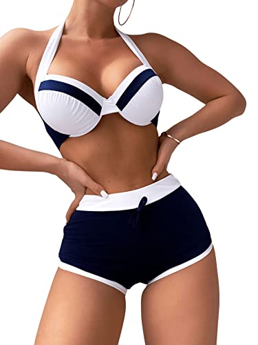 SweatyRocks Women's 2 Piece Swimsuit Color Block Halter Push Up Bikini Set Shorts Bathing Suits