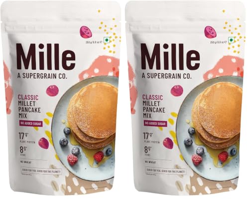 Image of Mille Classic Pancake mix | 0 Sugar | 17g High Protein Pancake | 8g Fibre | No Maida, No Atta | Low Carbs | Low GI Millet Grain | From the Makers of Slurrp Farm | 250 grams (Pack of 2)