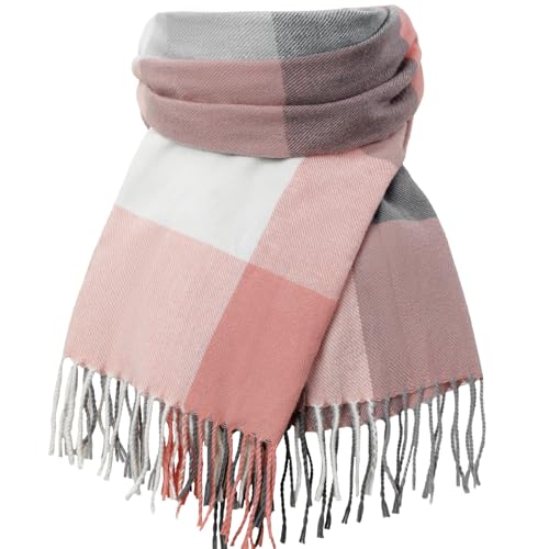 fauson Scarf for Women - Pink Scarves for Women Winter Warm Knit Large Plaid, Cashmere Womens Scarf