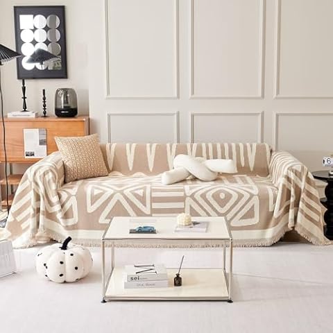 VClife Boho Couch Cover for 3 Cushion Couch Chenille Sofa Cover Sectional Sofa Cover for Dog, Modern Khaki Sofa Slipcover Washable Couch Covers for L-Shape Sofa Reversible Sofa Protector 71''x134'' Cover
