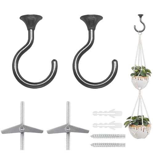Image of Ceiling Hooks for Hanging Plants 2 Pack (Brilliant Black) | Heavy duty screw-in hold: 30 lbs on wood & concrete, 20 lbs on drywall; 2.4 inch nickel-plated swag hook for pendant lights