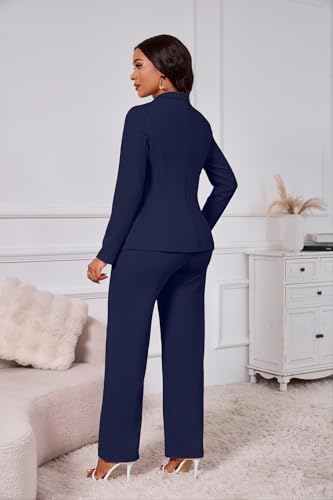 Two Piece Sets for Women Blazer Double Breasted Long Sleeve Jacket Wide Leg Pants Suits Set Business Casual Outfits, Navy Blue, XL - Image 2