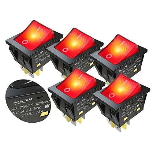 FILN 5stück 30A 220V KCD4 Boot Wippschalter Ein-Aus IP67 rot grün gelb bule schwarze LED Lampe(110V-220V,Nicht wasserdicht, rot-5stück) Cover