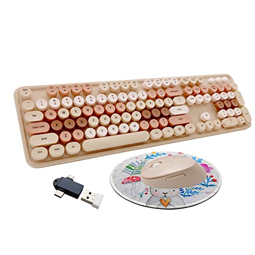 Image of Wireless Keyboard and Mouse Combo, Ergonomic Cute Retro Typewriter Full Size Colorful USB Cordless Keyboard Mouse Set for Gaming and Office (Milk Tea)