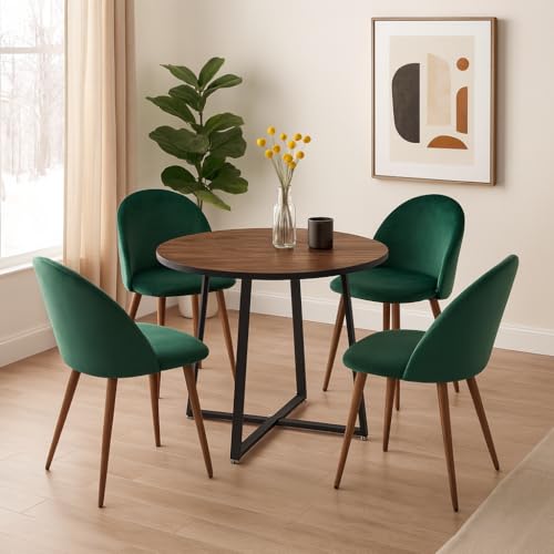 Anchorhome 5-Piece Modern Round Dining Table Set, 35'' Wooden Table with 4 Velvet Upholstered Chairs, Compact Space-Saving Furniture for Small Apartments, Kitchens, and Dining Rooms (Brown Top, Green)
