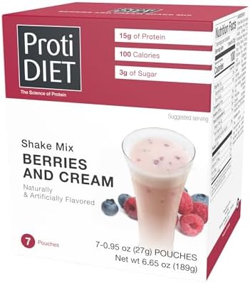 ProtiDiet - High Protein Meal Replacement Smoothie, Low Calorie, Low Fat, 15g Protein, Ideal Protein Compatible, 7 Servings Per Box (Berries and Cream)