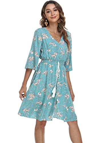 Image of VintageClothing Women's Floral Sundresses Flowy Boho Summer Beach Dress | Lightweight Breathable material,Elegant V Neck and Button Front Design,Flared Bell Sleeve Cut,Mini Casual dress