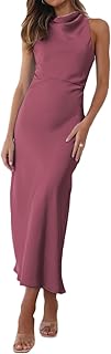 Halfisland Satin High Neck Backless Sleeveless Midi Dresses for Women Elegant Mock Neck High