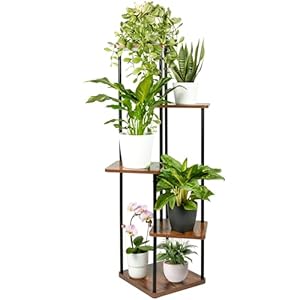 TTL HOME TOWER Bloemenstandaard, 5 etages, 105 cm hoog, design hout eiken en metaal, zwart, interieurdecoratie voor woonkamer, bloemen, standaard en rek, plantenrek, bloemenrek, bloementrap