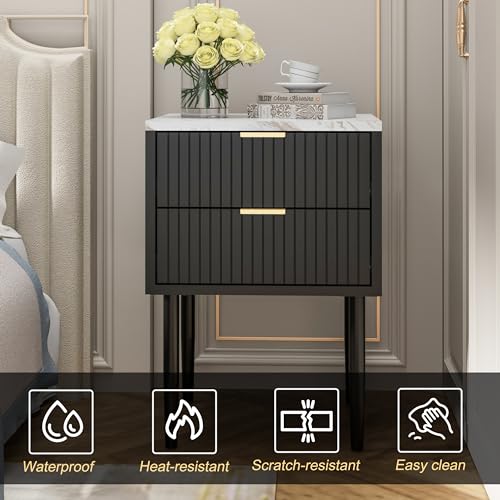 UEV Black Nightstand Set of 2 for Bedroom,Modern Two Drawers Nightstand with Gold Handles & Faux Marble Top,Tall Accent Side Table