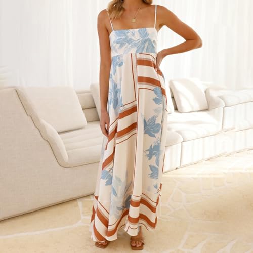 Image of NUFIWI Women Summer Striped Maxi Dress Spaghetti Strap Cutout Ruffle Long Dress Flowy Swing Beach Vocation Dress