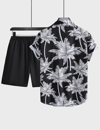 Image of Yimoon Men's Summer 2 Piece Outfits Tropical Print Short Sleeve Button Down Hawaiian Beach Shirt and Shorts Set