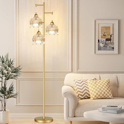 Image of ZECOXOL Gold Floor Lamps for Living Room 3 Lights Floor Lamp with Glass Lampshape & Three Led Bulb,Mid Century Standing Lamp Vintage Brass Tall Lamp Tree Floor Lamp for Bedroom Corner