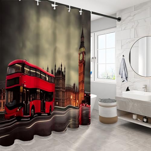 Cortinas de Baño Autobús De Dos Pisos 180 x 200 cm Cortinas de Ducha Impermeable Poliéster Duradero Baño de Big Ben Accesorios Decorativos para el Hogar con Ganchos
