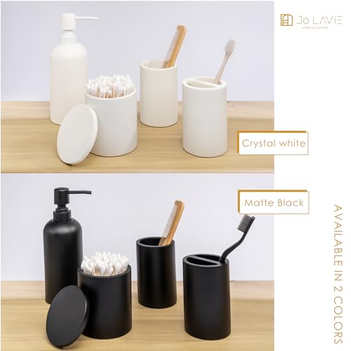 Jo Lavie Bathroom Accessory Set - 4 Pcs Matte Black Bathroom Set with Toothbrush Holder, Soap Dispenser, Tumbler & Cotton Swab Jar - Bathroom Vanity Countertop Organizer, Bathroom Decor Sets by Jo Lavie - Image 4