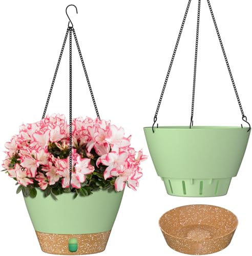 ZMTECH Hängetopf für Pflanzen, 20cm Blumentopf Ampel Hängend, Kunststoff Hänge Blumentopf mit Untersetzer für Außen Draußen Deko für Garten Balkon Wohnzimmer(2er-Set, Grün)