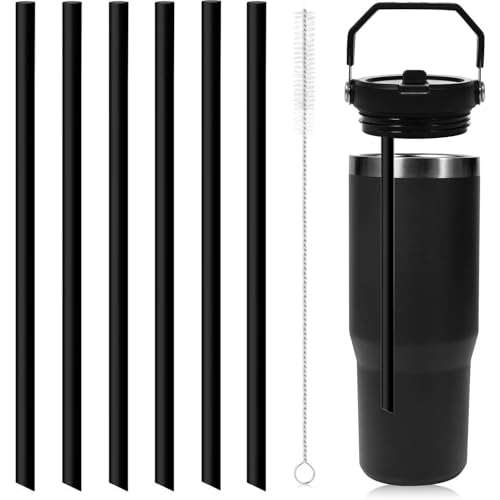 6 Pack Replacement Straws for Stanley Iceflow 30oz, Reusable Plastic Black Straws Cleaner Brush(Not for Stanley IceFlow Flip Straw Tumbler 2.0