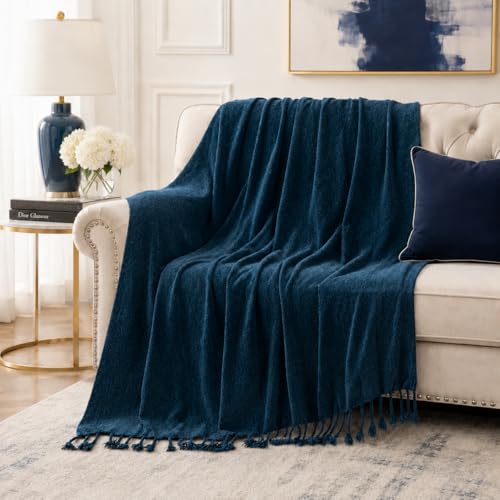 BATTILO HOME Navy Blue Chenille Throw Blanket for Couch, Soft Cozy Textured Knit Throw Blanket with...